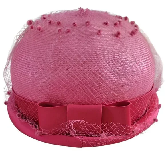 VTG Mid Century Pink Pillbox Derby Hat with Swiss Dot Netting and Bow 1950s